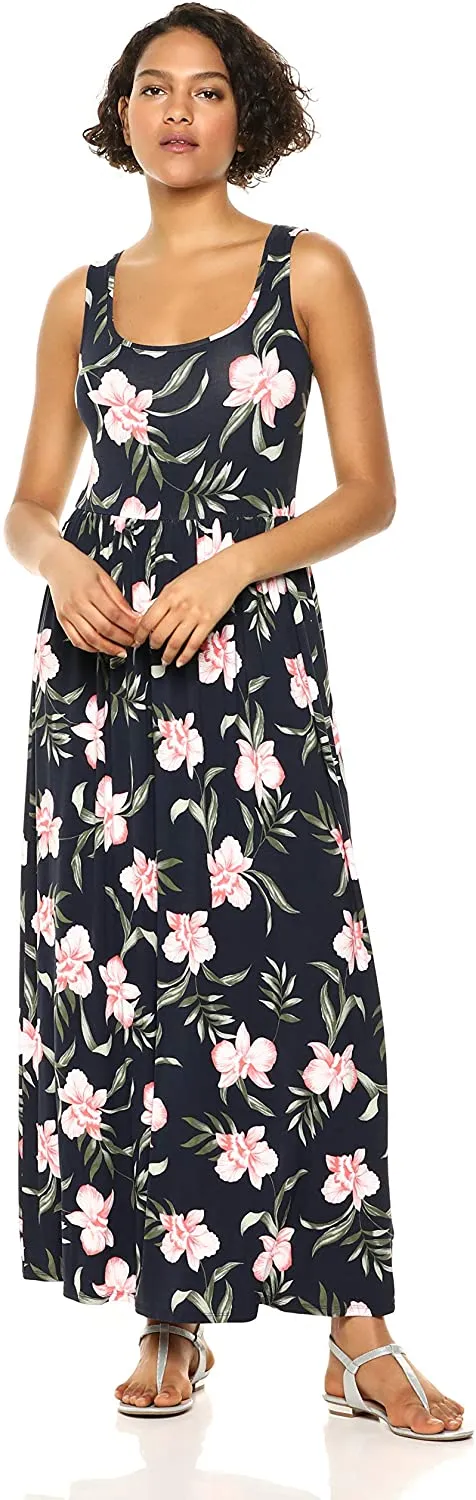New Amazon Essentials Women's Tank Waisted Maxi Dress, Black Floral, Sz XL!