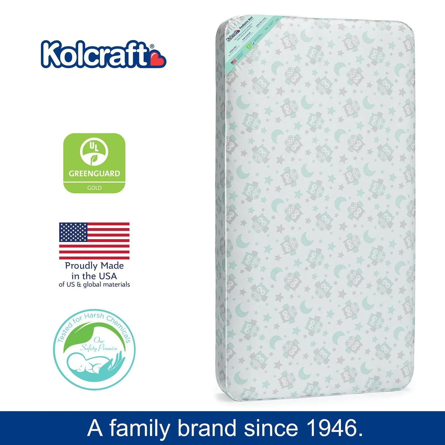 New KOLCRAFT PEDIATRIC 800 EXTRA FIRM 80 CRIB MATTRESS, OWL PRINT! Waterproof surface & binding!