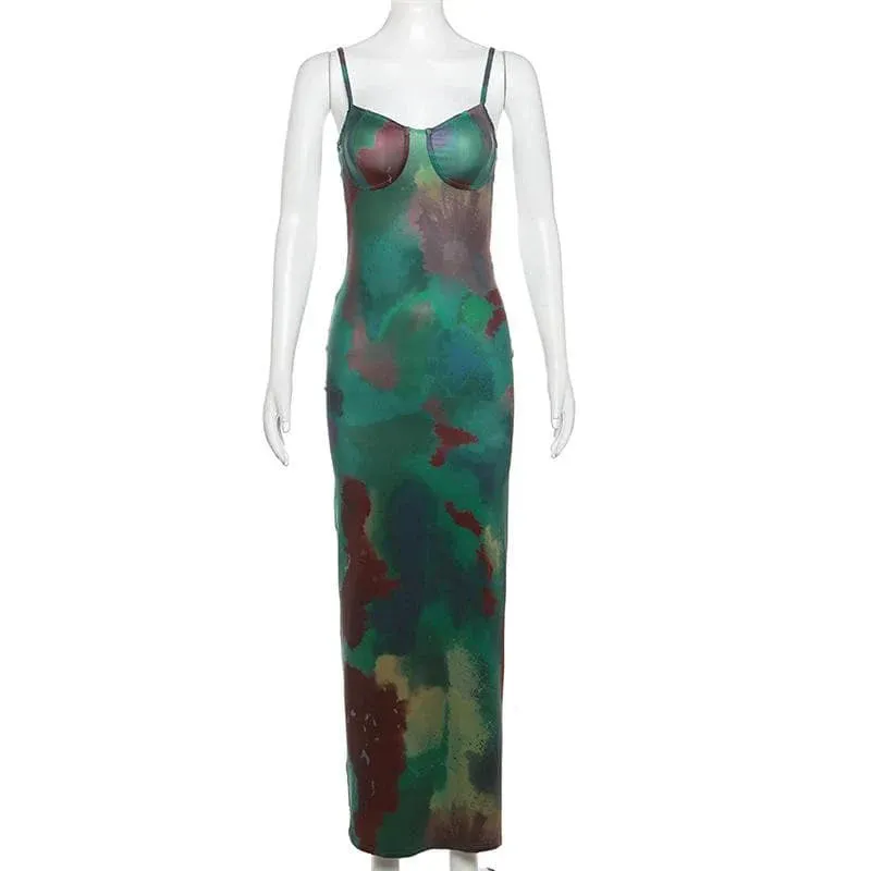 NEW Tie Dye V Neck Contrast Hollow Out Backless Cami Cut out Maxi Dress, Sz S