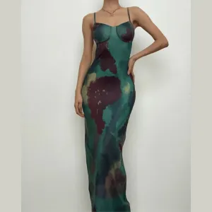 NEW Tie Dye V Neck Contrast Hollow Out Backless Cami Cut out Maxi Dress, Sz S