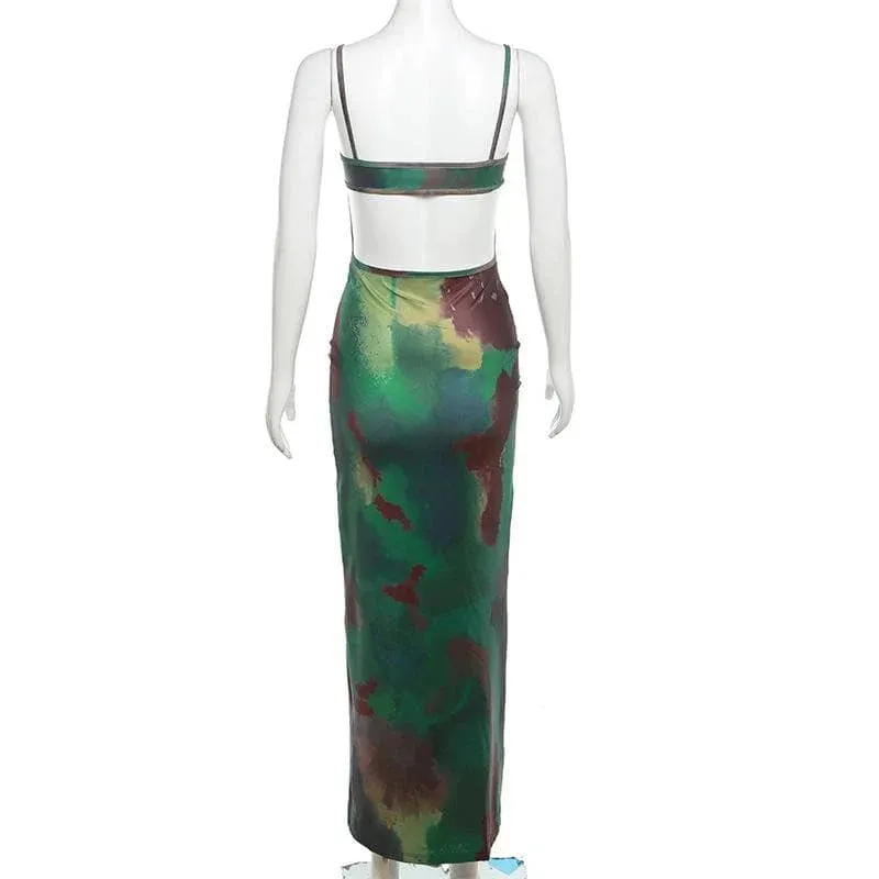 NEW Tie Dye V Neck Contrast Hollow Out Backless Cami Cut out Maxi Dress, Sz S