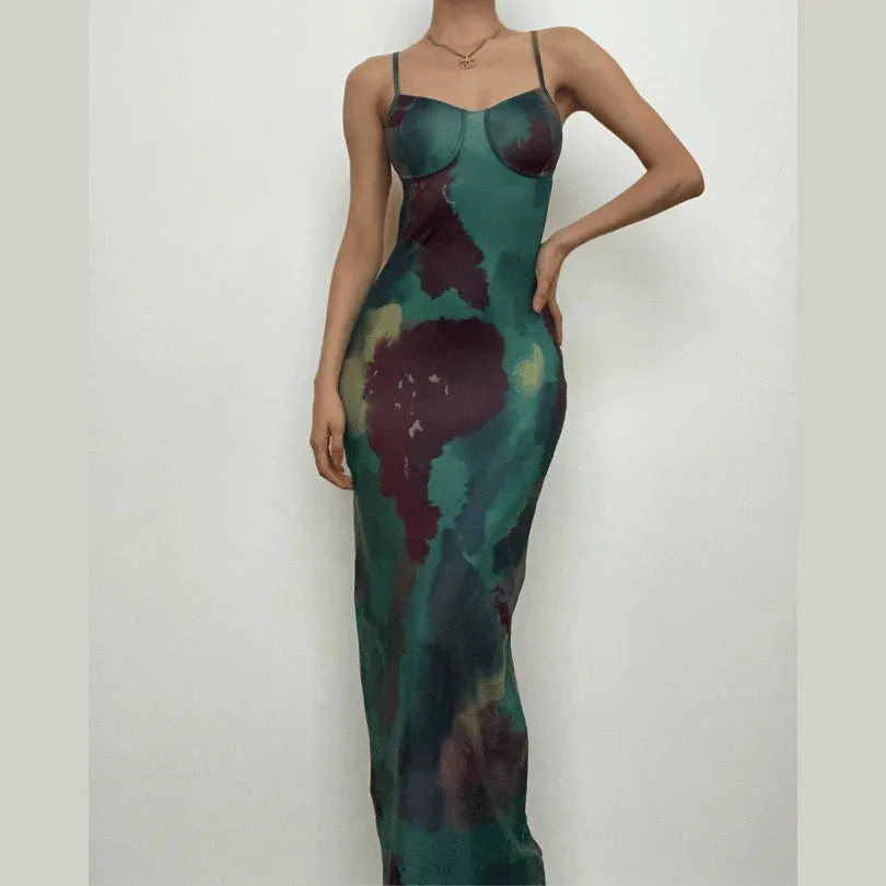 NEW Tie Dye V Neck Contrast Hollow Out Backless Cami Cut out Maxi Dress, Sz S