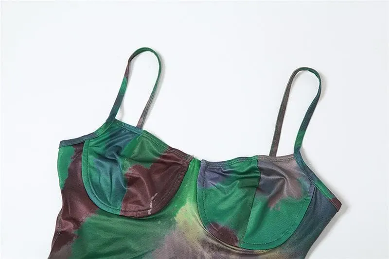 NEW Tie Dye V Neck Contrast Hollow Out Backless Cami Cut out Maxi Dress, Sz S