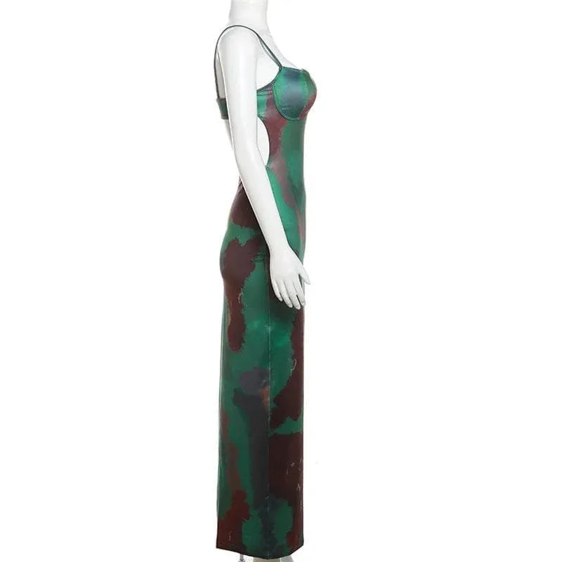 NEW Tie Dye V Neck Contrast Hollow Out Backless Cami Cut out Maxi Dress, Sz S