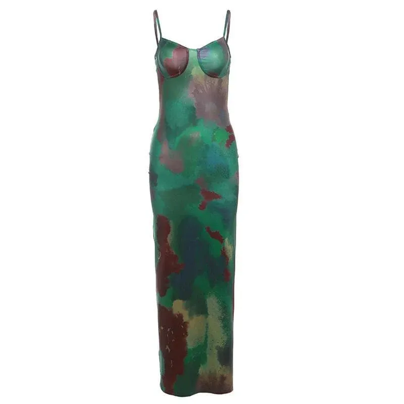 NEW Tie Dye V Neck Contrast Hollow Out Backless Cami Cut out Maxi Dress, Sz S
