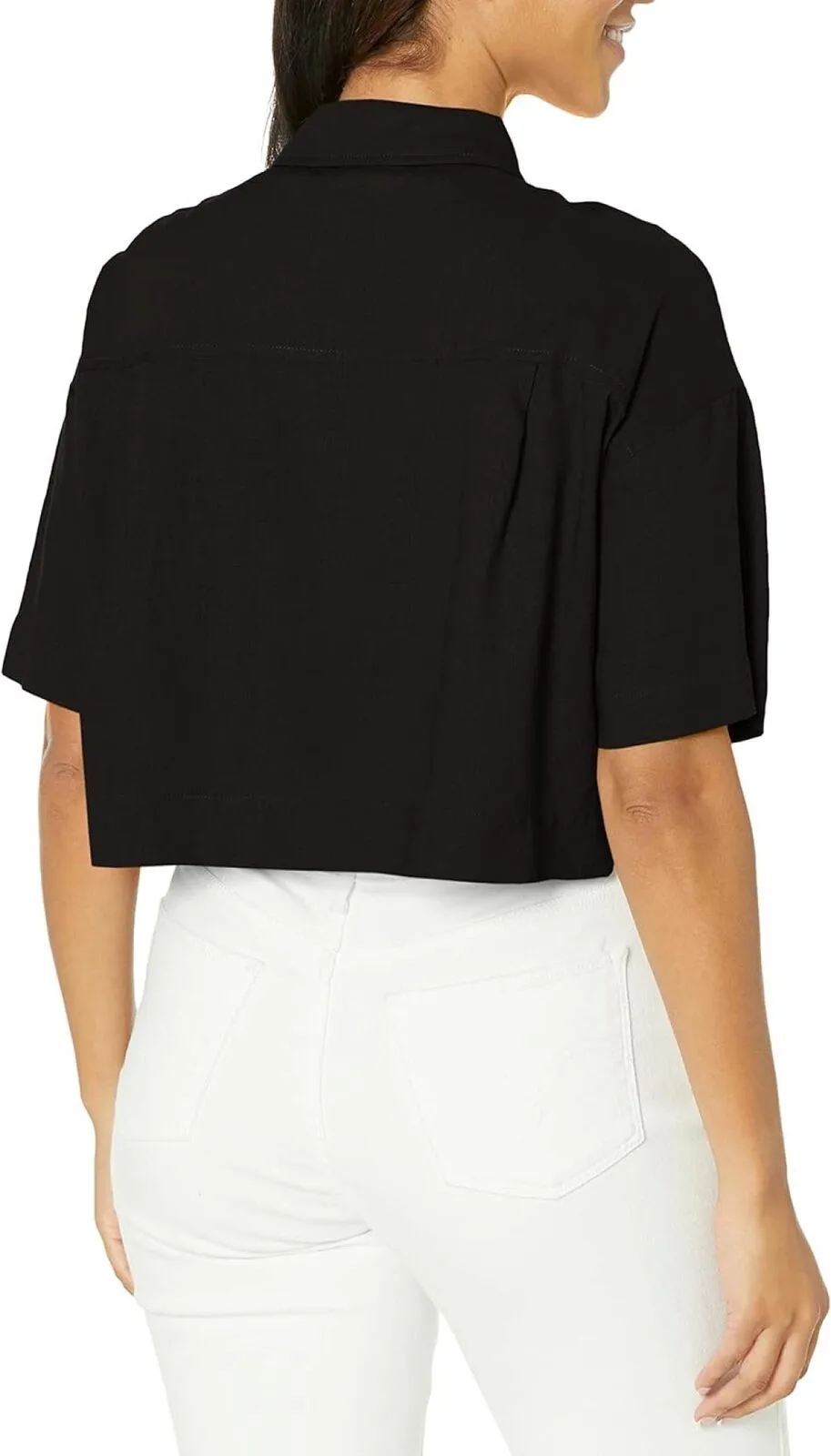 Nia Womens Button Up Cropped Boxy Shirt Black M