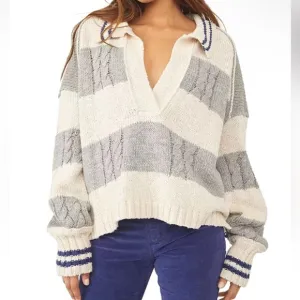 NWOT Lucky Brand Cable Stitch Collared Open Knit Sweater Women’s XL Striped