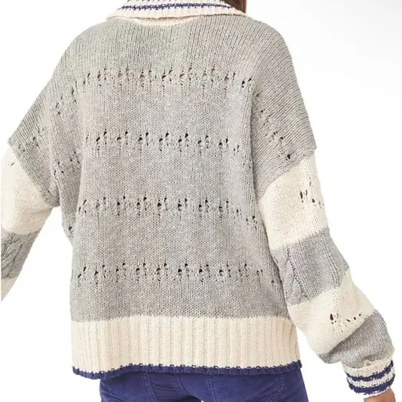 NWOT Lucky Brand Cable Stitch Collared Open Knit Sweater Women’s XL Striped