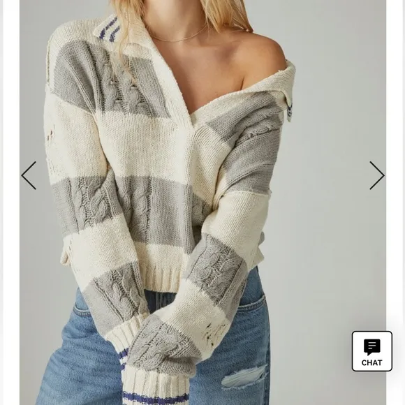 NWOT Lucky Brand Cable Stitch Collared Open Knit Sweater Women’s XL Striped