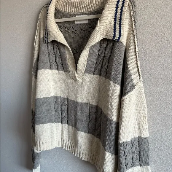 NWOT Lucky Brand Cable Stitch Collared Open Knit Sweater Women’s XL Striped