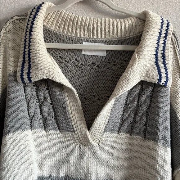 NWOT Lucky Brand Cable Stitch Collared Open Knit Sweater Women’s XL Striped