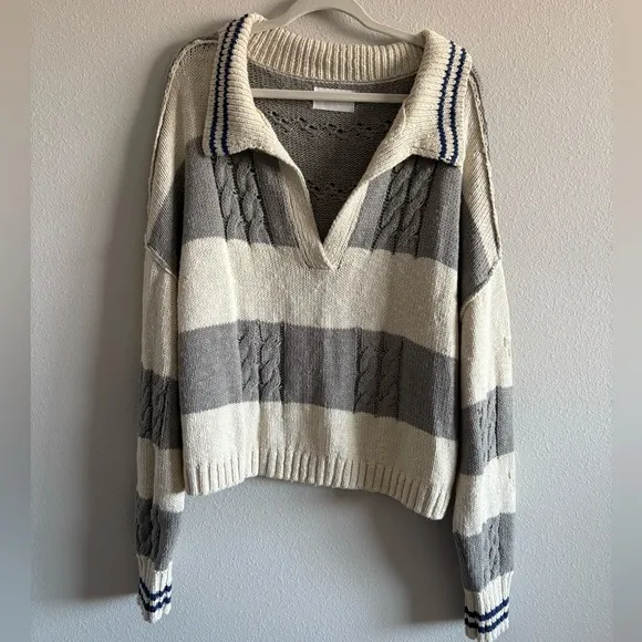 NWOT Lucky Brand Cable Stitch Collared Open Knit Sweater Women’s XL Striped