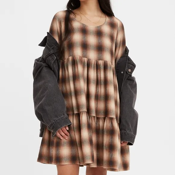 NWT Levi's Premium Brown Plaid Andy Tiered Flannel Babydoll Mini Dress XS