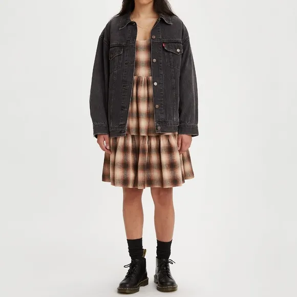 NWT Levi's Premium Brown Plaid Andy Tiered Flannel Babydoll Mini Dress XS
