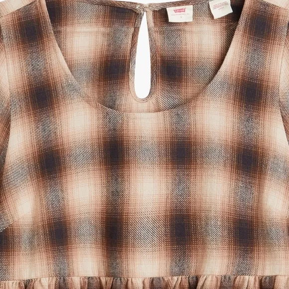 NWT Levi's Premium Brown Plaid Andy Tiered Flannel Babydoll Mini Dress XS