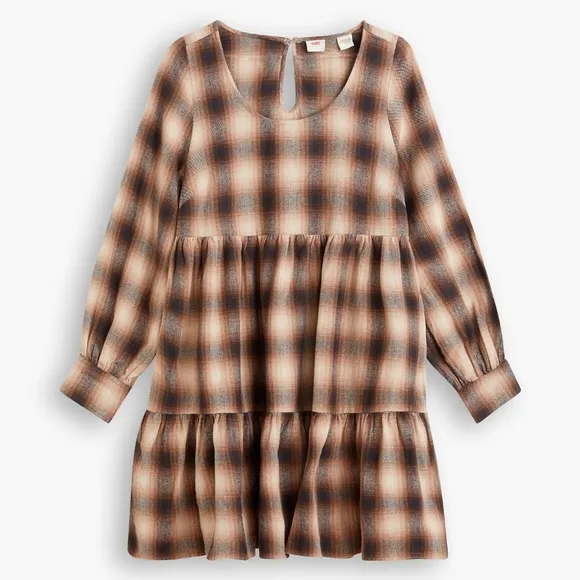 NWT Levi's Premium Brown Plaid Andy Tiered Flannel Babydoll Mini Dress XS