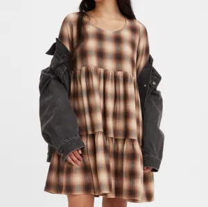 NWT Levi's Premium Brown Plaid Andy Tiered Flannel Babydoll Mini Dress XS