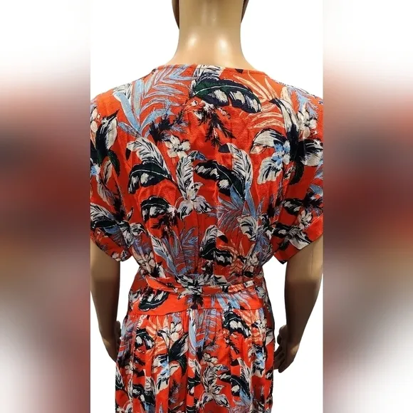 NWT Loft women's red multi floral buttons down belted shirt maxi dress L