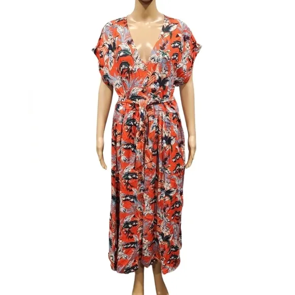 NWT Loft women's red multi floral buttons down belted shirt maxi dress L