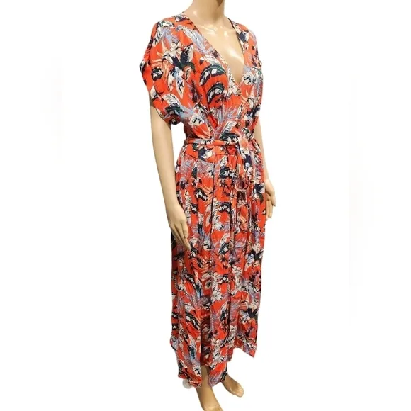 NWT Loft women's red multi floral buttons down belted shirt maxi dress L