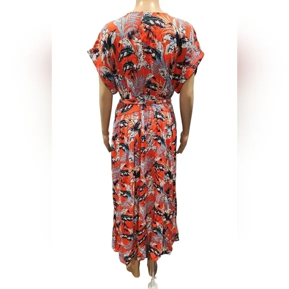 NWT Loft women's red multi floral buttons down belted shirt maxi dress L