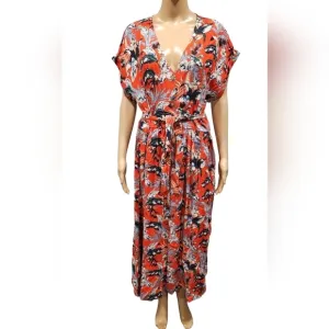 NWT Loft women's red multi floral buttons down belted shirt maxi dress L