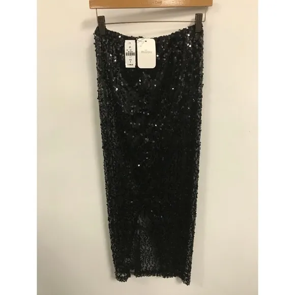 NWT Millau Black Full Sequin Sheer Maxi Skirt