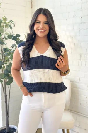Off White and Navy V-Neck Ribbed Sweater Vest