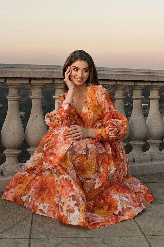 Orange Flower Captivating Flower Print Maxi dress