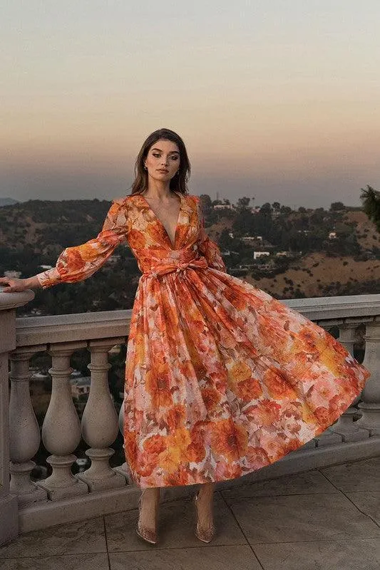 Orange Flower Captivating Flower Print Maxi dress