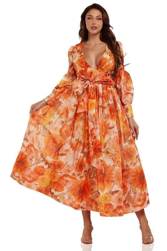 Orange Flower Captivating Flower Print Maxi dress