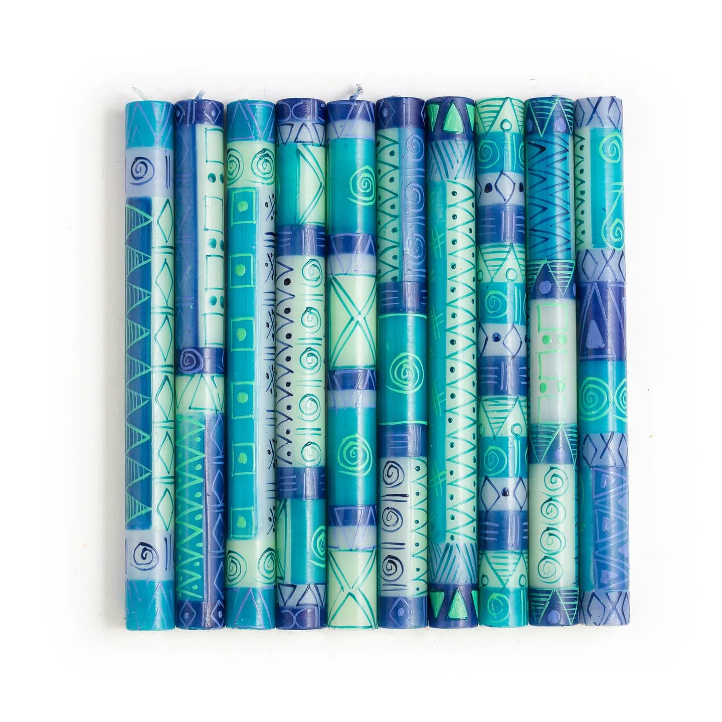 Pair of Hand Crafted Dinner Candles, Blue & Green