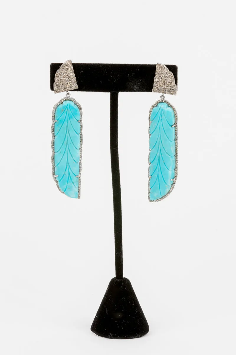 Pave Diamond , Carved Turquoise Earrings