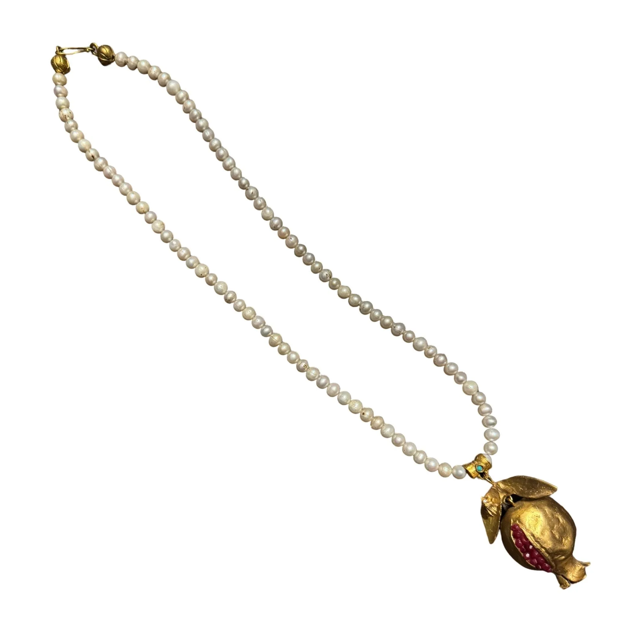 Pearl Necklace with Hand Crafted Pomegranate Pendant