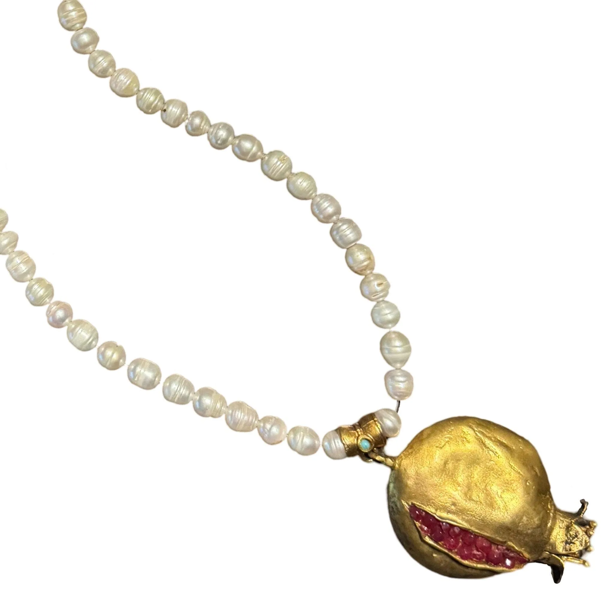 Pearl Necklace with Hand Crafted Pomegranate Pendant