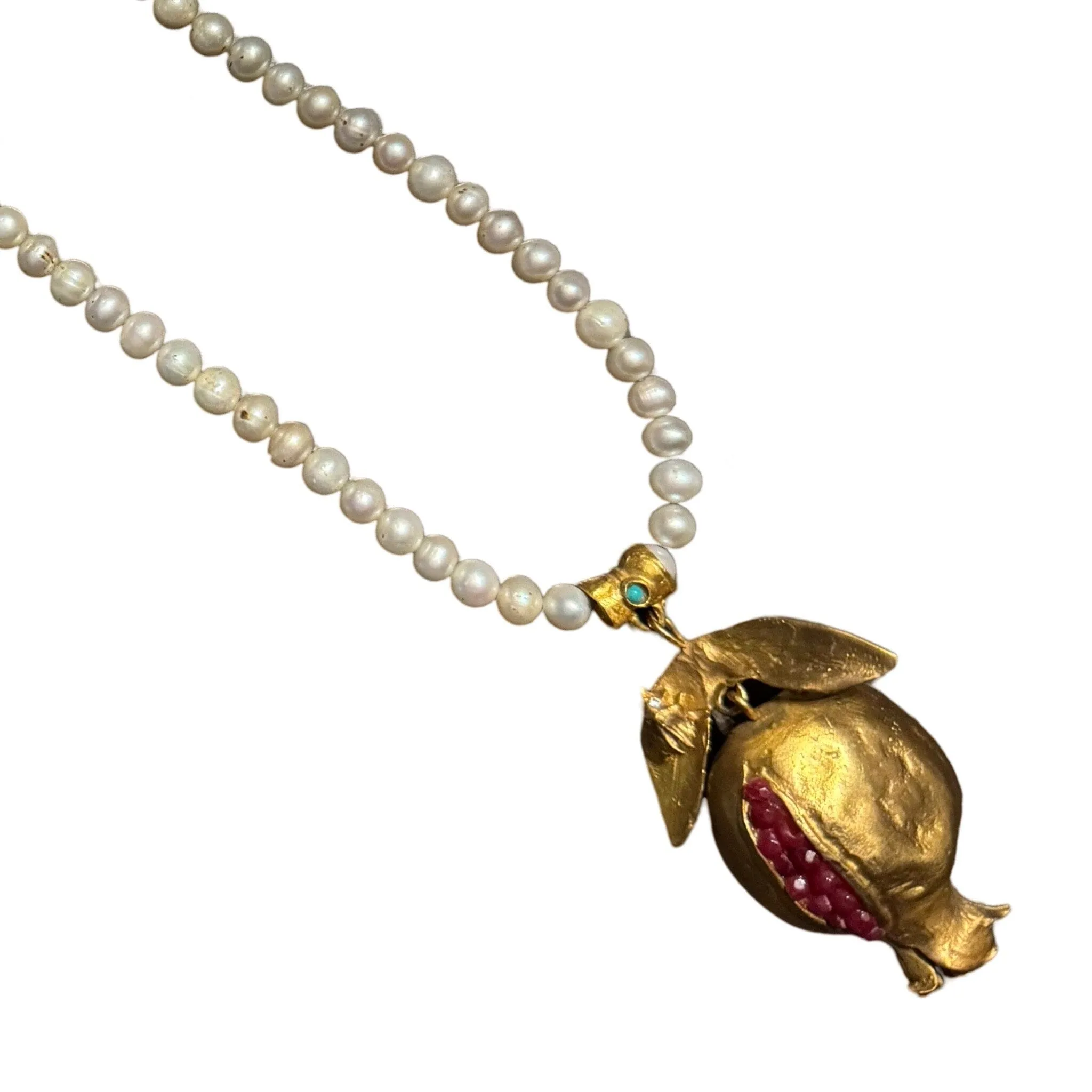 Pearl Necklace with Hand Crafted Pomegranate Pendant
