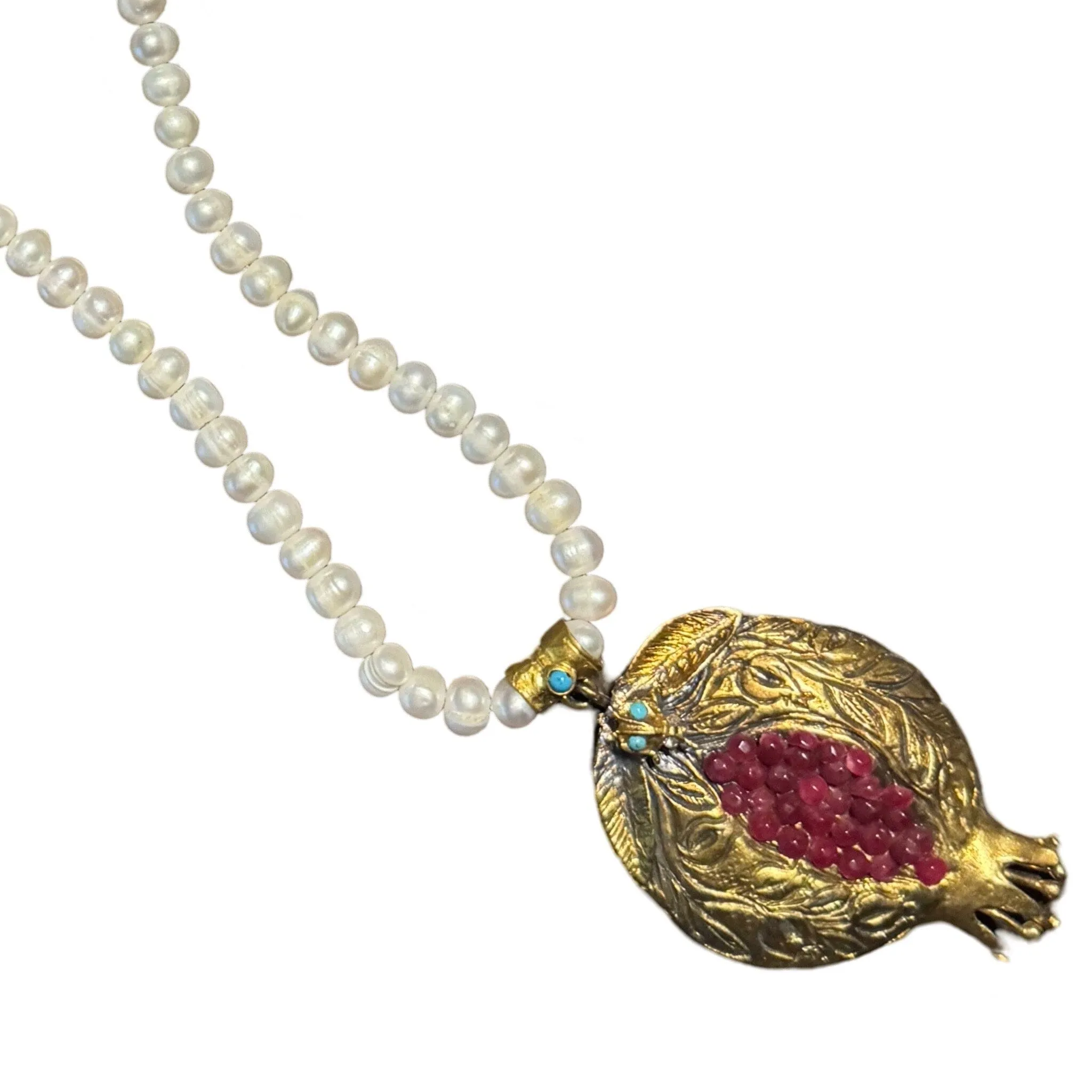 Pearl Necklace with Hand Crafted Pomegranate Pendant