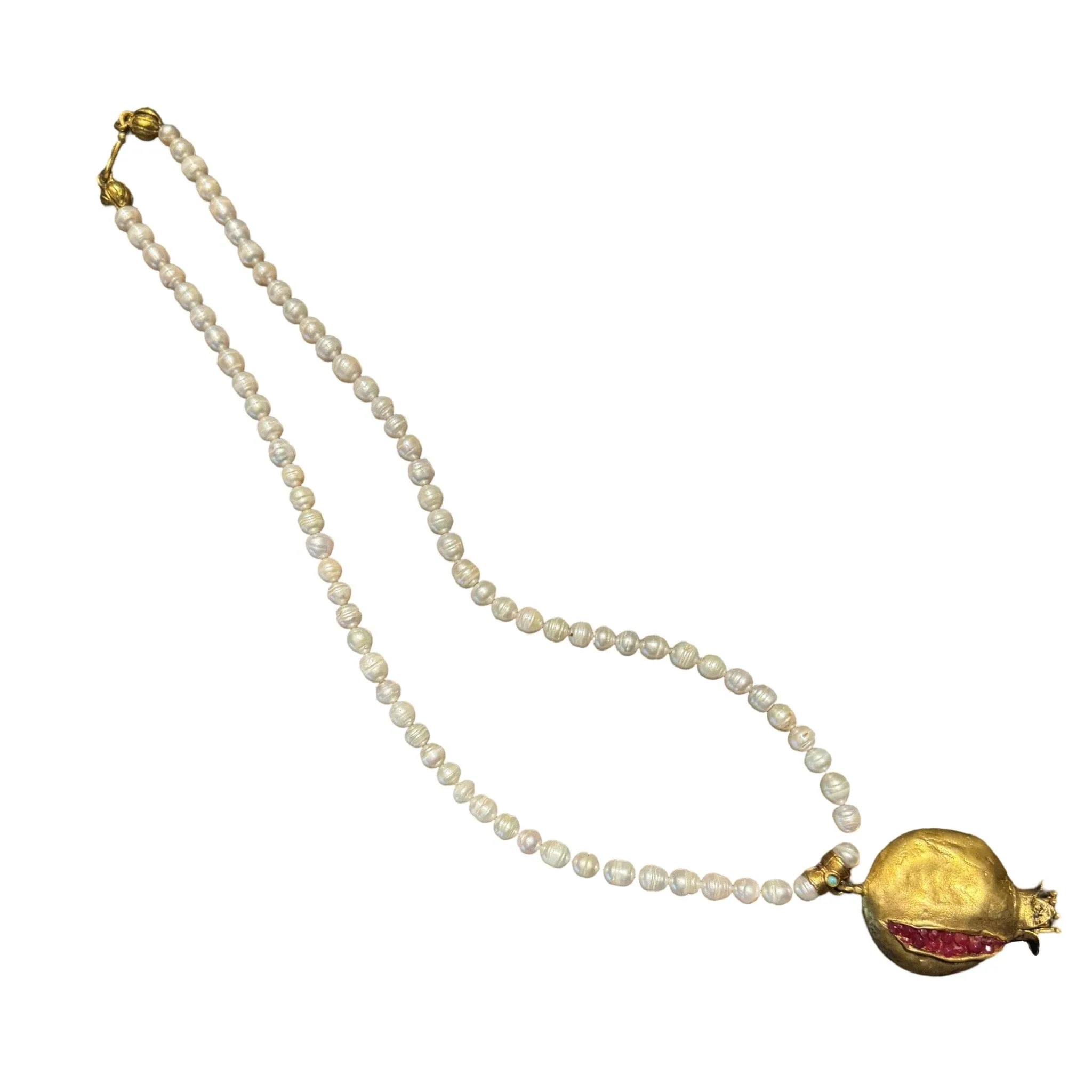 Pearl Necklace with Hand Crafted Pomegranate Pendant