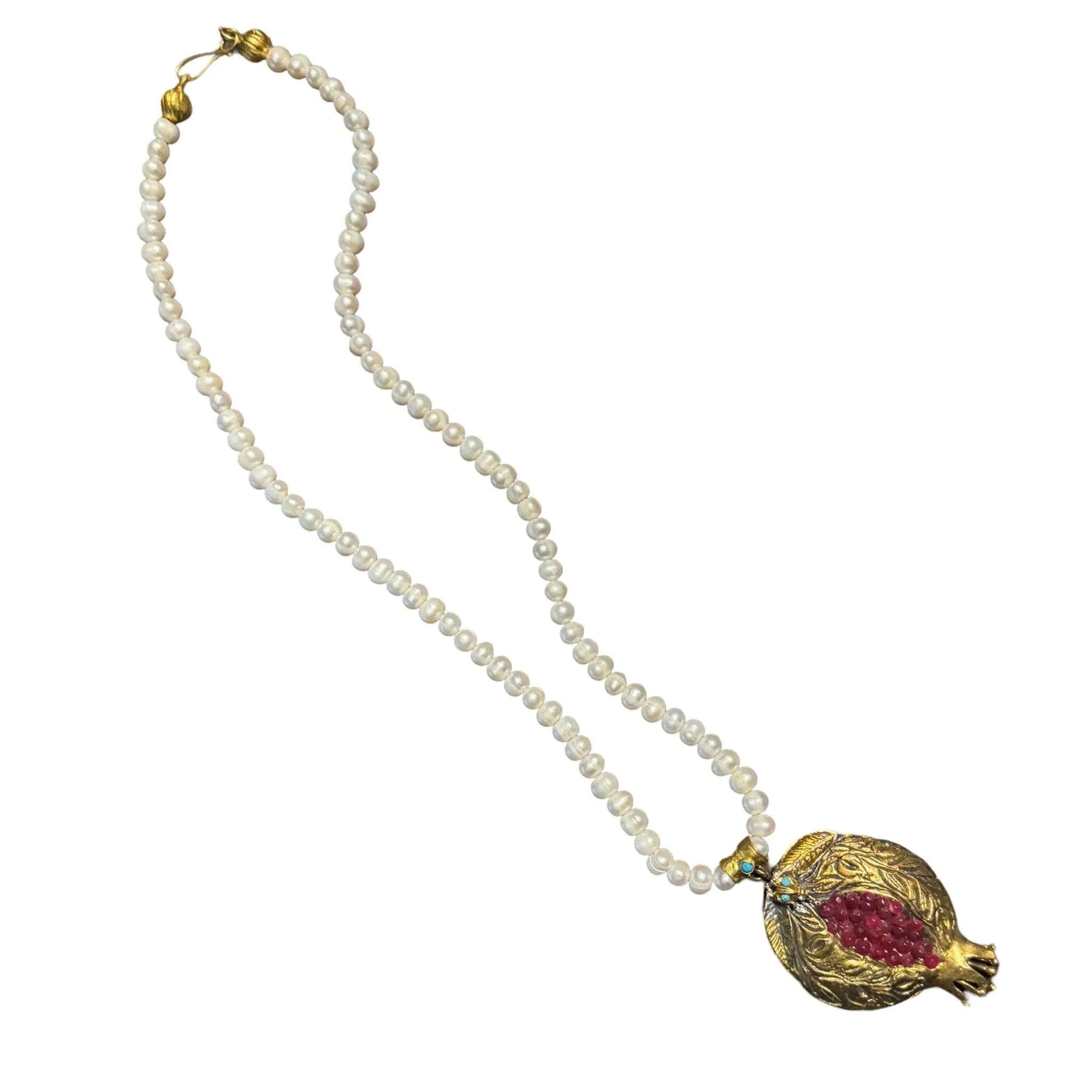 Pearl Necklace with Hand Crafted Pomegranate Pendant