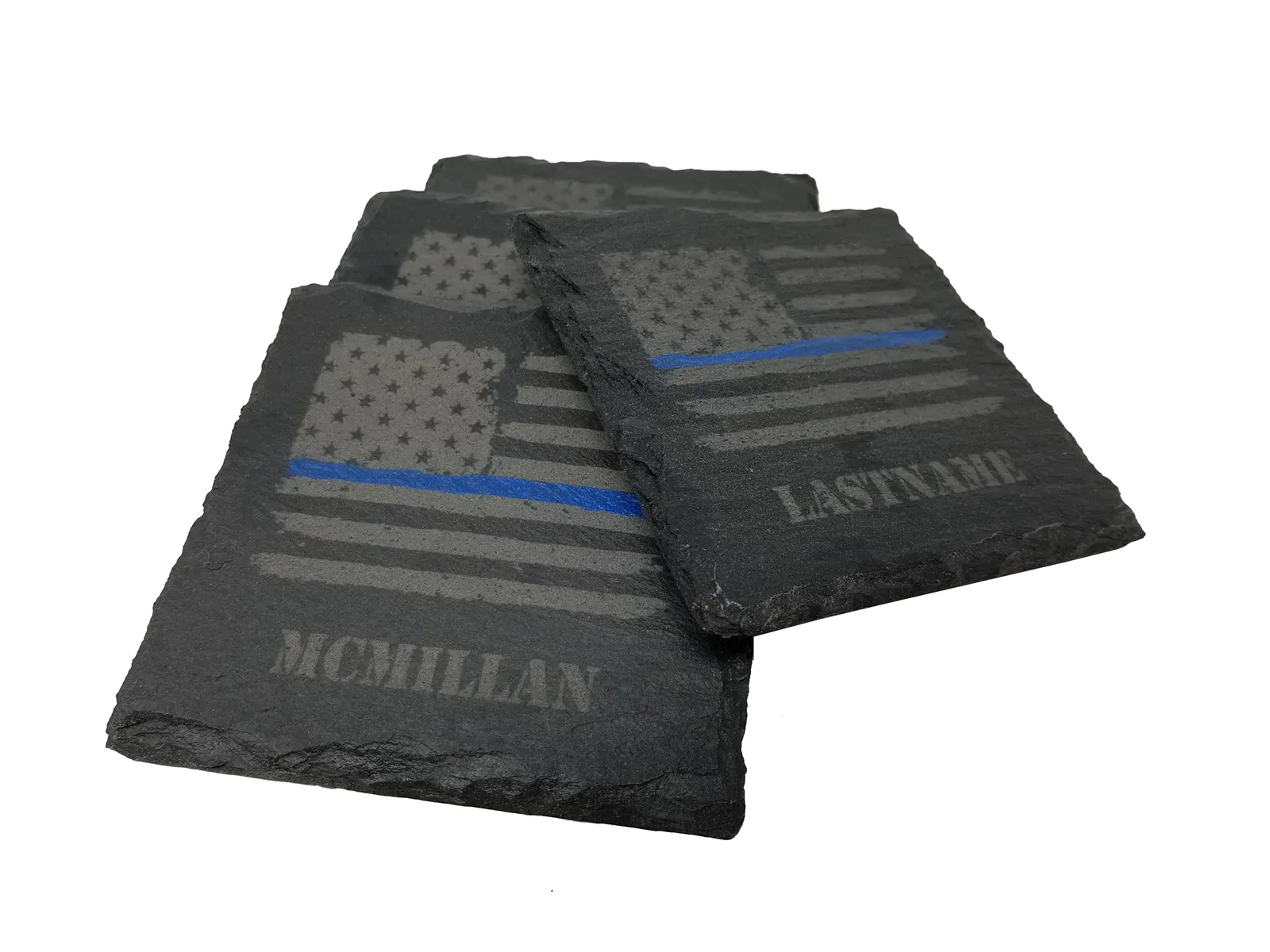 Personalized Police Thin Blue Line Distressed American Flag Slate Coaster Set