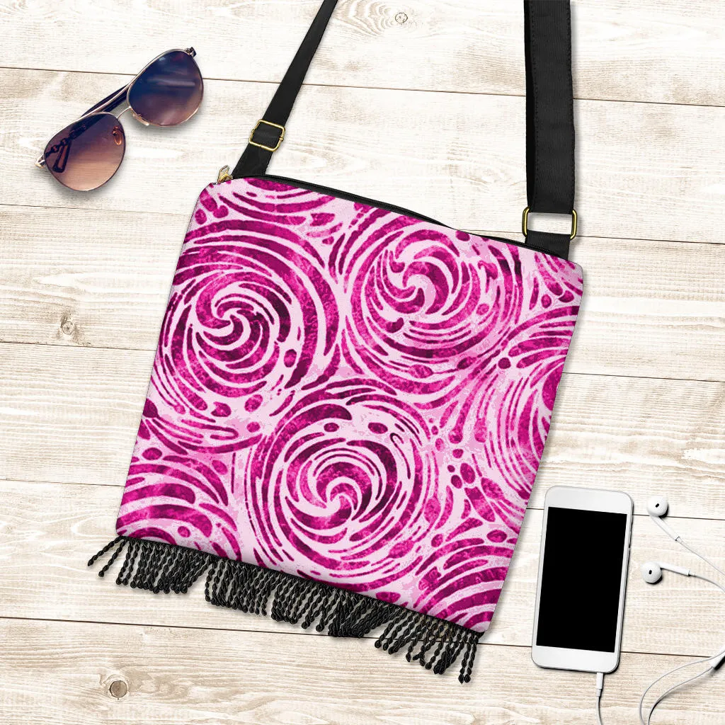 Pink Batik Swirls Spirals Boho Fringe Bag Crossbody Shoulder Strap Purse