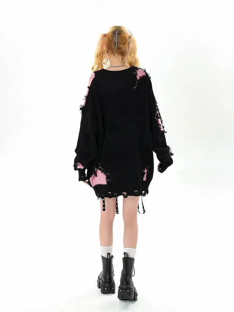 'Pink Chocolate' Oversized Edgy Ripped Patchwork Sweater