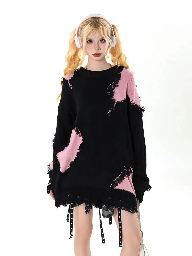 'Pink Chocolate' Oversized Edgy Ripped Patchwork Sweater