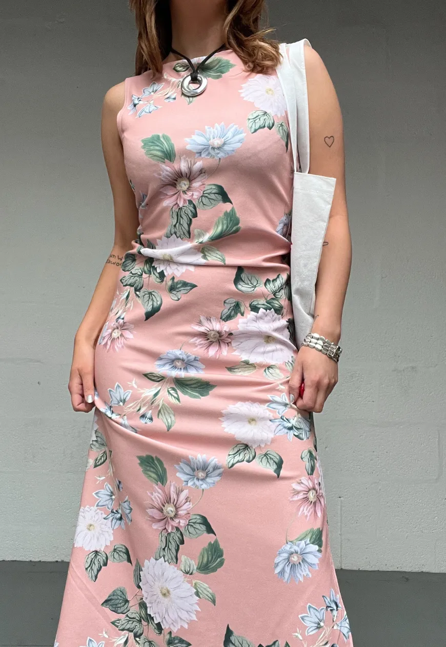 PINK INFLORESCENCE SLASH SPLIT MAXI DRESS