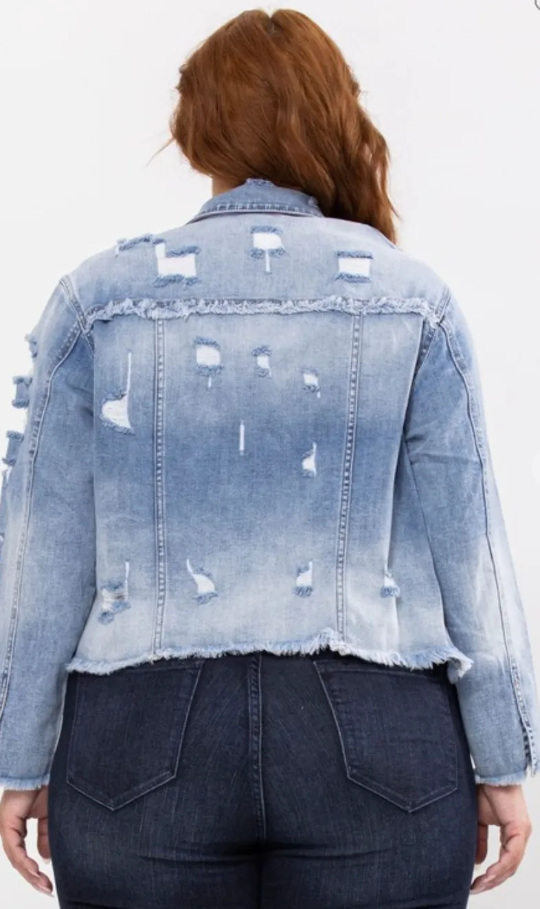 Plus Distressed Denim Jacket