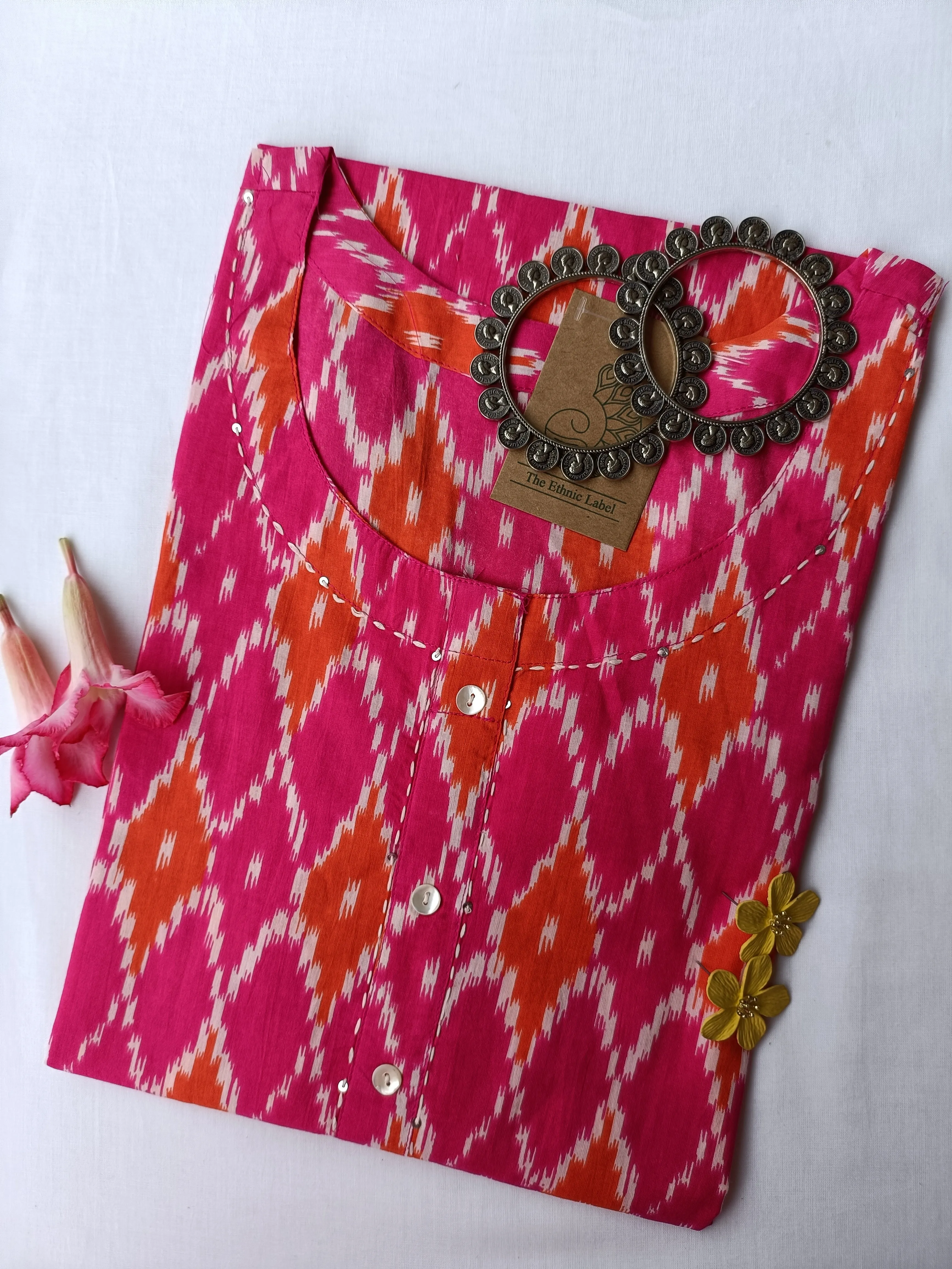 Poppy pink hand crafted ikat cotton Kurta