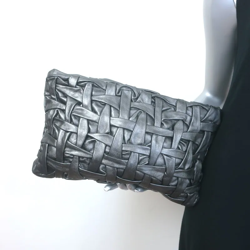 Prada Woven Leather Large Clutch Bag Pewter Metallic Leather