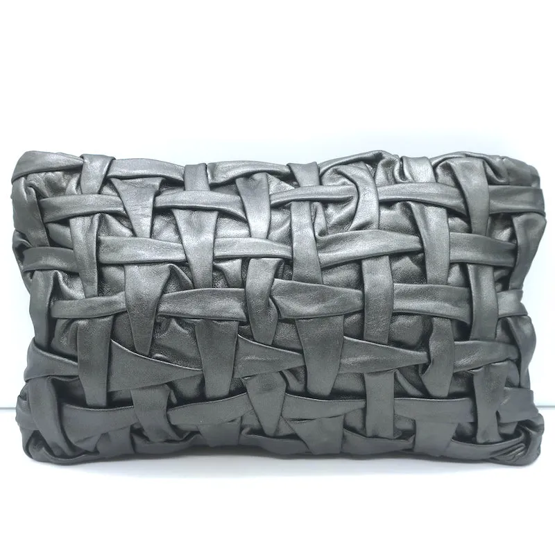 Prada Woven Leather Large Clutch Bag Pewter Metallic Leather