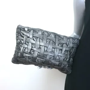 Prada Woven Leather Large Clutch Bag Pewter Metallic Leather