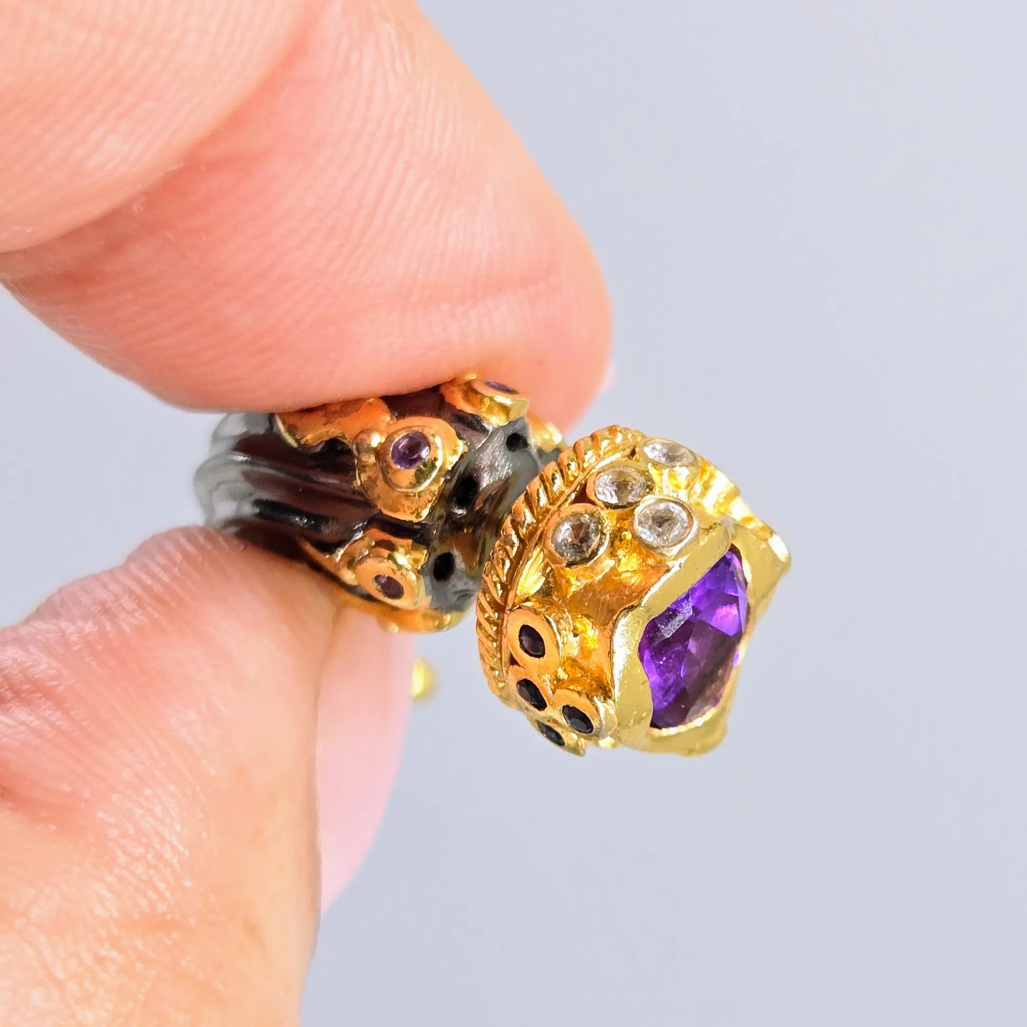 "Daggers" 1.25" Earring - Amethyst, Multi-color Sapphire, Black Sterling, 18k Gold